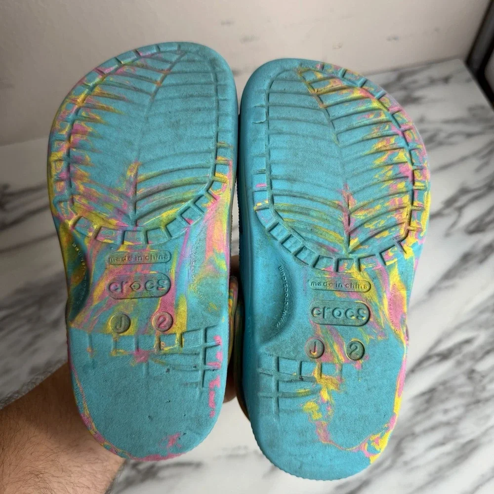 Crocs Classic Marbled Tie Dye Clogs Blue Pink Yellow Toddler SzJ 2 Girls Slip On